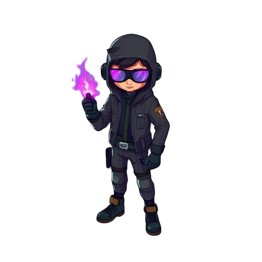 pixel cyberpunk spy experiement kid who was a purple fire aura that can control time