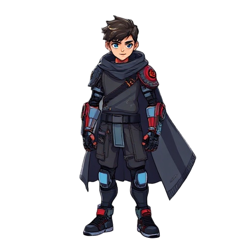 cyberpunk mechcanic arm secret force killer machine and a home blanket as a cape teenager with time control power, lost his parents