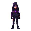pixel cyberpunk spy experiement teen who was a purple fire aura that can control time