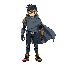 cyberpunk mechcanic arm secret force killer machine and a home blanket as a cape teenager with time control power, lost his parents, no glasses