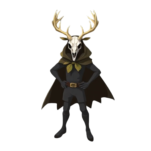 shadow person with cape made of leaves wearing a deer skull mask