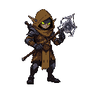 pixel art hero in risk of rain remastered style, cloaked in goblin hides, wielding an energy glaive, tech-tribal armor, dynamic pose, earthy tones with neon, ready to fight goblin hordes.