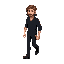 man, long brown hair, black shirt, dark pants, walkin