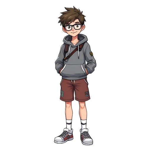 teenager, nerdy, athletic, hoodie, gym shorts, socks, crocs, glasses, messy hair, slingshot