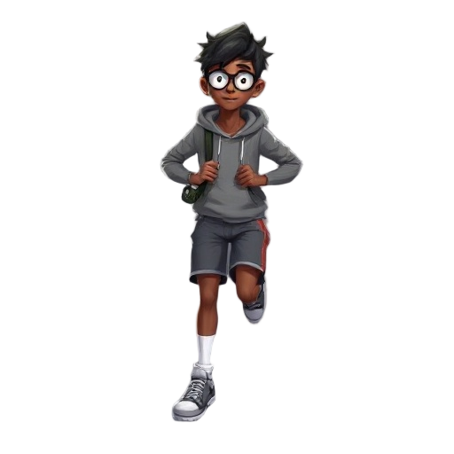 teenager, nerdy, athletic, dark skin, running,hoodie, gym shorts, socks, crocs, glasses, messy hair, slingshot
