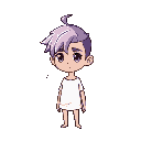 ilustração digital, estilo cartoon/anime minimalista. personagem andrógeno com cabeça bipartida (branco/cinza-lavanda), olhos fechados, túnica branca grande. fragmentos quadrados se desprendendo do corpo e ponta quebrada no topo da cabeça. paleta de cores