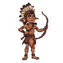 an amazonian indigenous man, with feathers on his head, some body paint, and using a bow as a weapon.