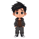 make an 11 year old child with dark hair, fair skin, urban clothes and a tired and depressed and tired make him with longer paler hair and with sweatpants and look with less emotion 