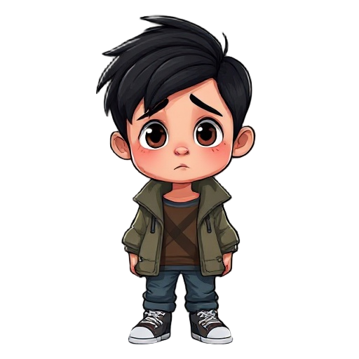make an 11 year old child with dark hair, fair skin, urban clothes and a tired and depressed look 