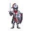 knight in silver armor with red details, holding a sword and shield, front view.