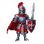  knight in shiny silver armor with ornate red details, red cape, plumed helmet, holding a sharp steel sword in the right hand and a decorated round shield in the left. front-facing, heroic stance, medieval rpg style, clean lines, vivid colors.