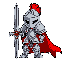  knight in shiny silver armor with ornate red details, red cape, plumed helmet, holding a sharp steel sword in the right hand and a decorated round shield in the left. front-facing, heroic stance, medieval rpg style, clean lines, vivid colors.