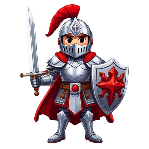  knight in shiny silver armor with ornate red details, red cape, plumed helmet, holding a sharp steel sword in the right hand and a decorated round shield in the left. front-facing, heroic stance, medieval rpg style, clean lines, vivid colors.