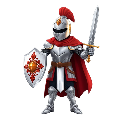  knight in shiny silver armor with ornate red details, red cape, plumed helmet, holding a sharp steel sword in the right hand and a decorated round shield in the left. front-facing, heroic stance, medieval rpg style, clean lines, vivid colors.