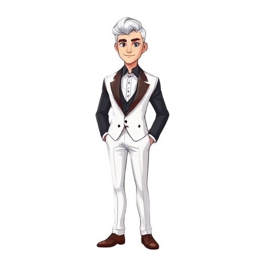 un hombre de traje elegante blanco con mangas y corbata roja rojas, una camisa negra, de pelo blanco