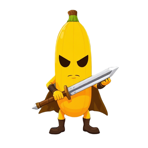 uma banana de óculos guerreira que segura uma espada de banana de fogo