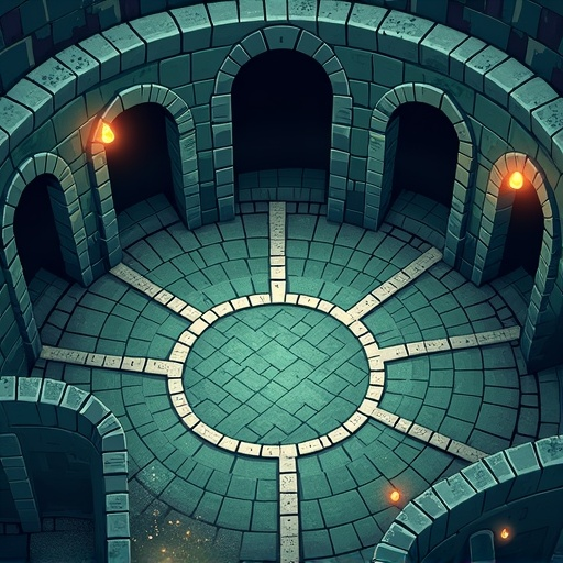 "a top-down isometric view of a fantastical, ancient sewer system, as a cover image for a board game dungeon. the scene is a sprawling, slimy, and atmospheric 2d illustration."  key scene descriptors:      layout: a central circular chamber with multiple 
