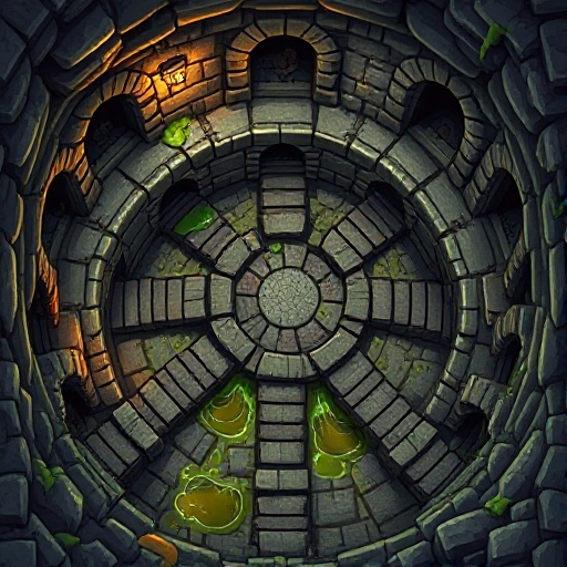 "a top-down isometric view of a fantastical, ancient sewer system, as a cover image for a board game dungeon. the scene is a sprawling, slimy, and atmospheric 2d illustration."  key scene descriptors:      layout: a central circular chamber with multiple 