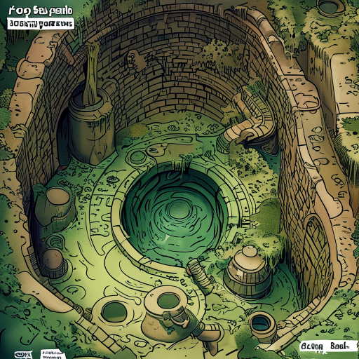 "a top-down isometric view of a fantastical, ancient sewer system, as a cover image for a board game dungeon. the scene is a sprawling, slimy, and atmospheric 2d illustration."  key scene descriptors:      layout: a central circular chamber with multiple 