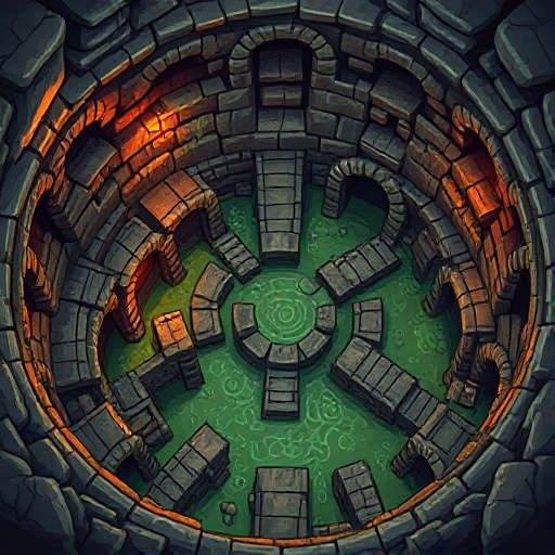 "a top-down isometric view of a fantastical, ancient sewer system, as a cover image for a board game dungeon. the scene is a sprawling, slimy, and atmospheric 2d illustration."  key scene descriptors:      layout: a central circular chamber with multiple 