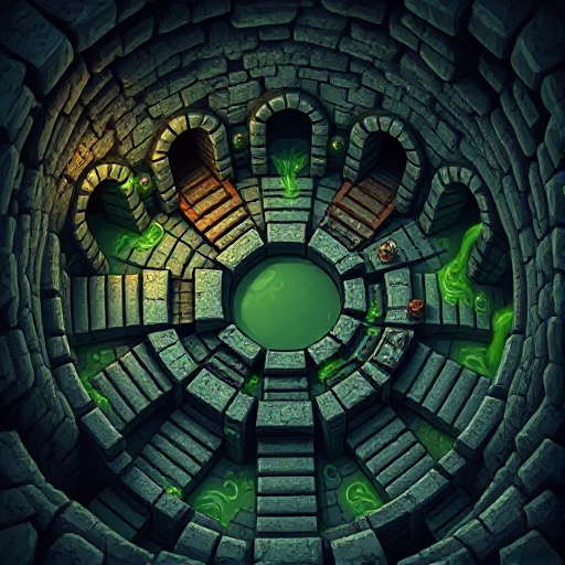 "a top-down isometric view of a fantastical, ancient sewer system, as a cover image for a board game dungeon. the scene is a sprawling, slimy, and atmospheric 2d illustration."  key scene descriptors:      layout: a central circular chamber with multiple 
