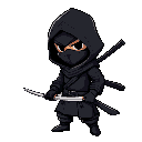 a stealthy black-clad ninja with a hood, gripping a katana, solid color background