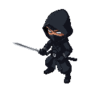 a stealthy black-clad ninja with a hood, gripping a katana, solid color background