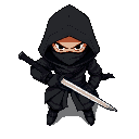 a stealthy black-clad ninja with a hood, gripping a katana, solid color background