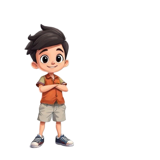 crie um personagem menino, 2d, personagem de jogo , usando bermuda e camisa oreta, e chinelo e bone