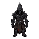a towering, sorrowful warrior kneels in penance, his imposing frame clad in gothic, blood-stained armor. his helmet is a tall, pointed capirote—a conical hood with narrow eye slits—casting a shadow ov