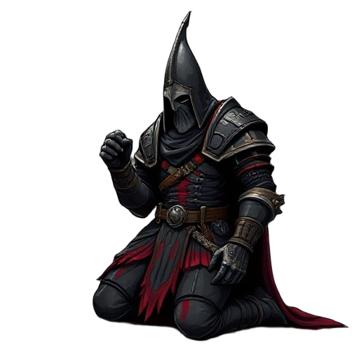   a towering, sorrowful warrior kneels in penance, his imposing frame clad in gothic, blood-stained armor. his helmet is a tall, pointed *capirote*—a conical hood with narrow