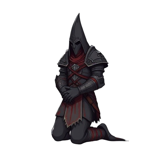 **prompt (200 words):**    *a towering, sorrowful warrior kneels in penance, his imposing frame clad in gothic, blood-stained armor. his helmet is a tall, pointed *capirote*—a conical hood with narrow