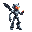 a side image of an evil robot that can fly and shoots laser from his guns and eyes