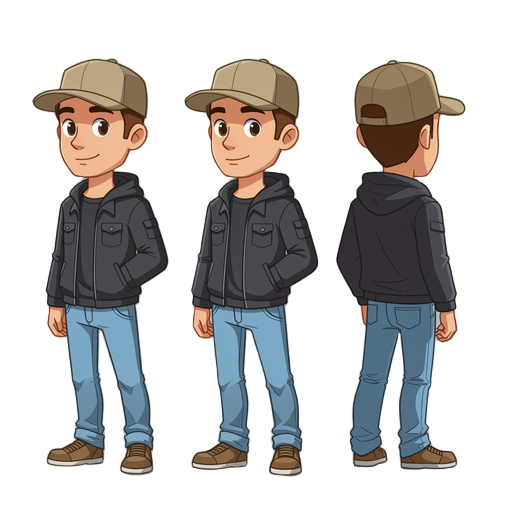 man with khaki cap, black jacket, light blue jeans