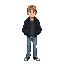 man with khaki cap, black jacket, light blue jeans