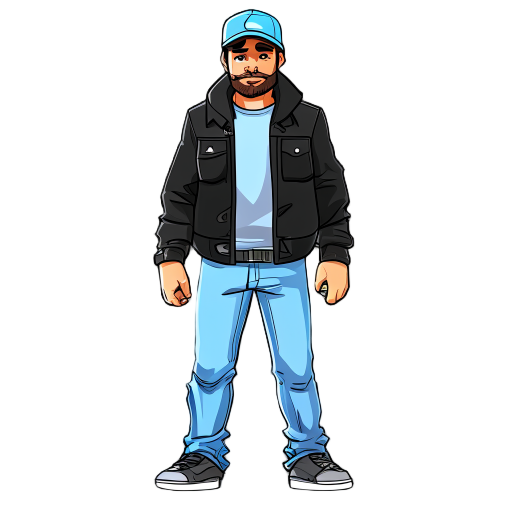 man with khaki cap, black jacket, light blue jeans