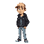 man with khaki cap, black jacket, light blue jeans