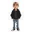 man with khaki cap, black jacket, light blue jeans