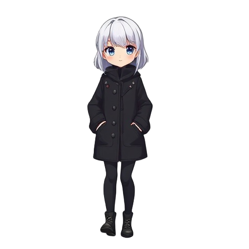 walking, black coat, white hair, young lady