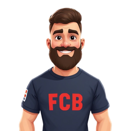 a man with trimmed beard, wearing a fcb tshirt