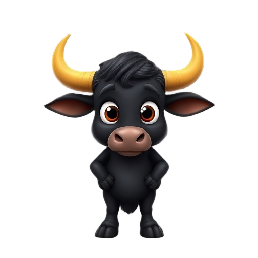  create a black-faced ox character with big-eyed arms and yellow horns