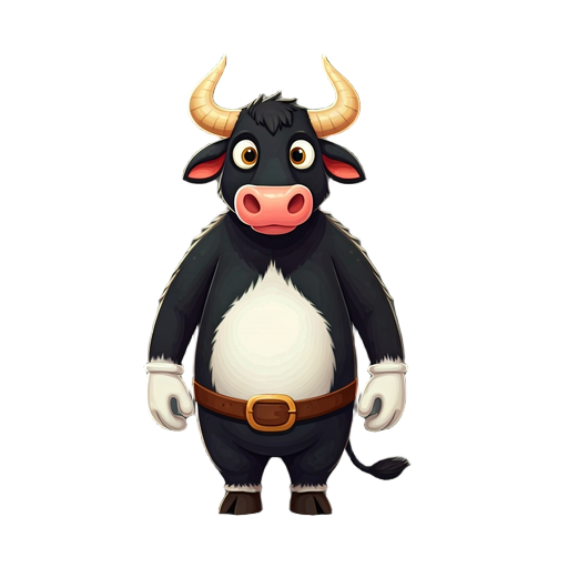  create a black-faced ox character with big-eyed arms and yellow horns