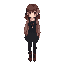delicate yet melancholic, with wavy chestnut hair falling to her shoulders. a pink rose tucked behind her ear stands out. she wears a fitted black t-shirt, pleated skirt, loose cardigan, opaque tights, and mid-heeled boots. a silver pendant peeks faintly 