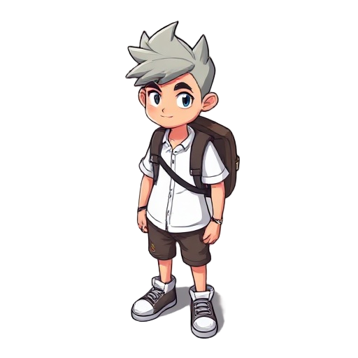 personagem com cabelo no estilo do isagi, camisa branca, com uma mochila, calça moletom e bota