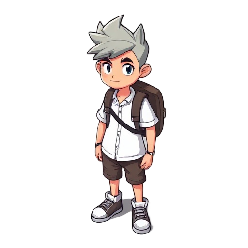personagem com cabelo no estilo do isagi, camisa branca, com uma mochila, calça moletom e bota