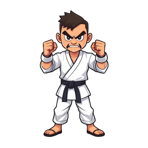 karate fighter, standing up straight, fists up to defend, angry face