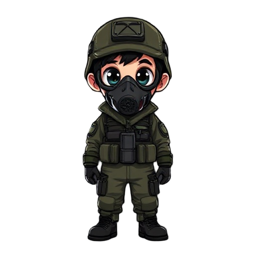 a child wearing military clothing and a gas mask, dark style