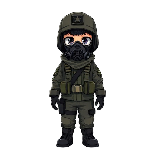 a child wearing military clothing and a gas mask, dark style