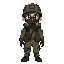 a 14-year-old boy wearing military clothing and a gas mask that covers his entire face, apocalypse style