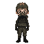 a child 14 years wearing military clothing and a gas mask, dark style